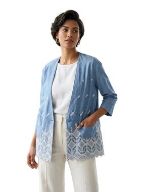 Monte Made in USA Chambray Embroidered Eyelet Lace Blazer 3/4 Sleeve Size L/XL